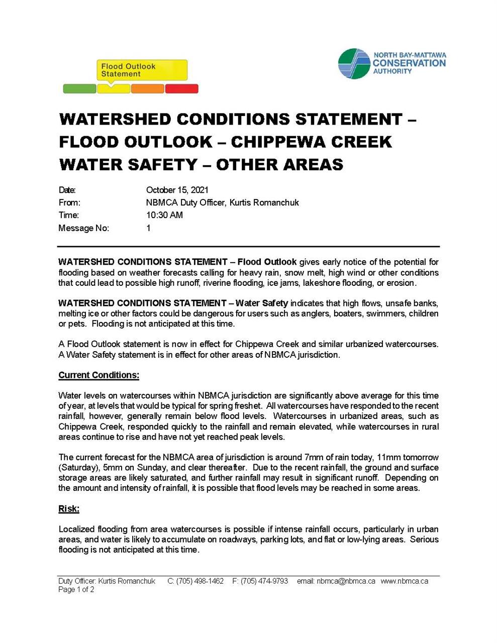 WATERSHED CONDITIONS STATEMENT – FLOOD OUTLOOK – CHIPPEWA CREEK WATER SAFETY – OTHER AREAS